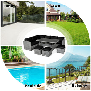 Packages include 3 loveseats  3 ottomans  1 table  6 seat cushions  7 back cushions  and instruction<br>Packages come in 4 boxes<br>Powder-coated steel structure provides strong durability and stability<br>All-weather and wear-resistant rattan ensures lon