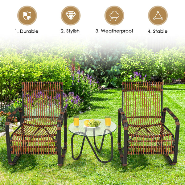 This patio furniture set includes 2 single chairs and a side table. You can place it on the patio  balcony  garden  poolside  or any other place in your home. Â  This wicker bistro set with a classic design will add a sense of elegance to your space. Sing