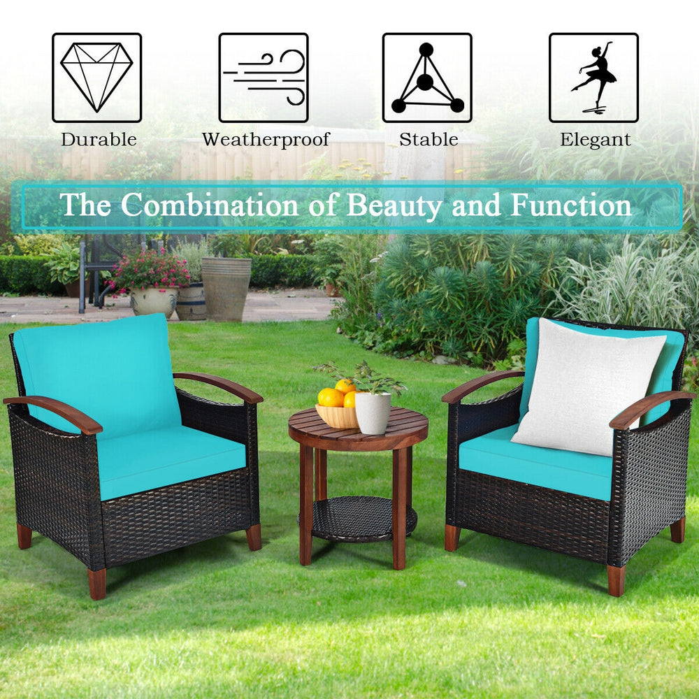 Made of tightly woven all-weather rattan to ensure durability<br>Acacia wood frame and thickened legs provide powerful support<br>The space-saving table can be used as an end table  side table  or coffee table<br>Thick cushions filled with premium sponge 