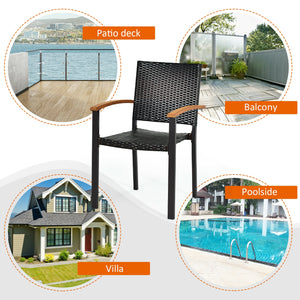 Stackable design for space saving <br>Lightweight design for easy transport <br>Handpicked PE rattan for durability and weather resistance <br>Steel frame for rustproof and strong load bearing of 400 lbs each chair <br>Curved acacia wood armrests for arms