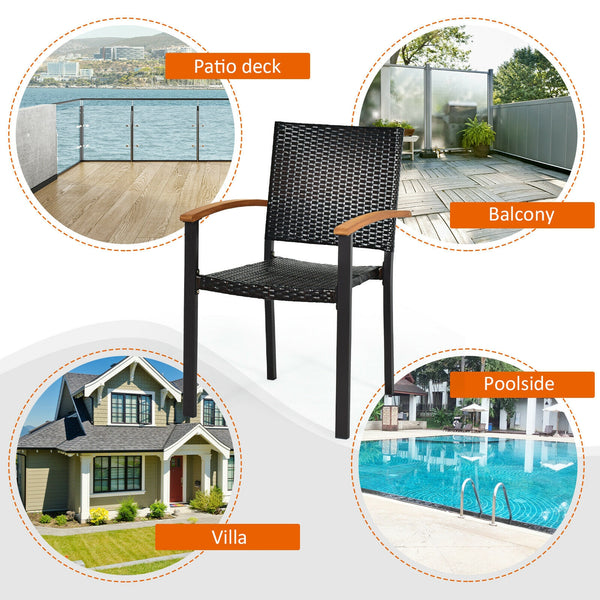 Stackable design for space saving <br>Lightweight design for easy transport <br>Handpicked PE rattan for durability and weather resistance <br>Steel frame for rustproof and strong load bearing of 400 lbs each chair <br>Curved acacia wood armrests for arms
