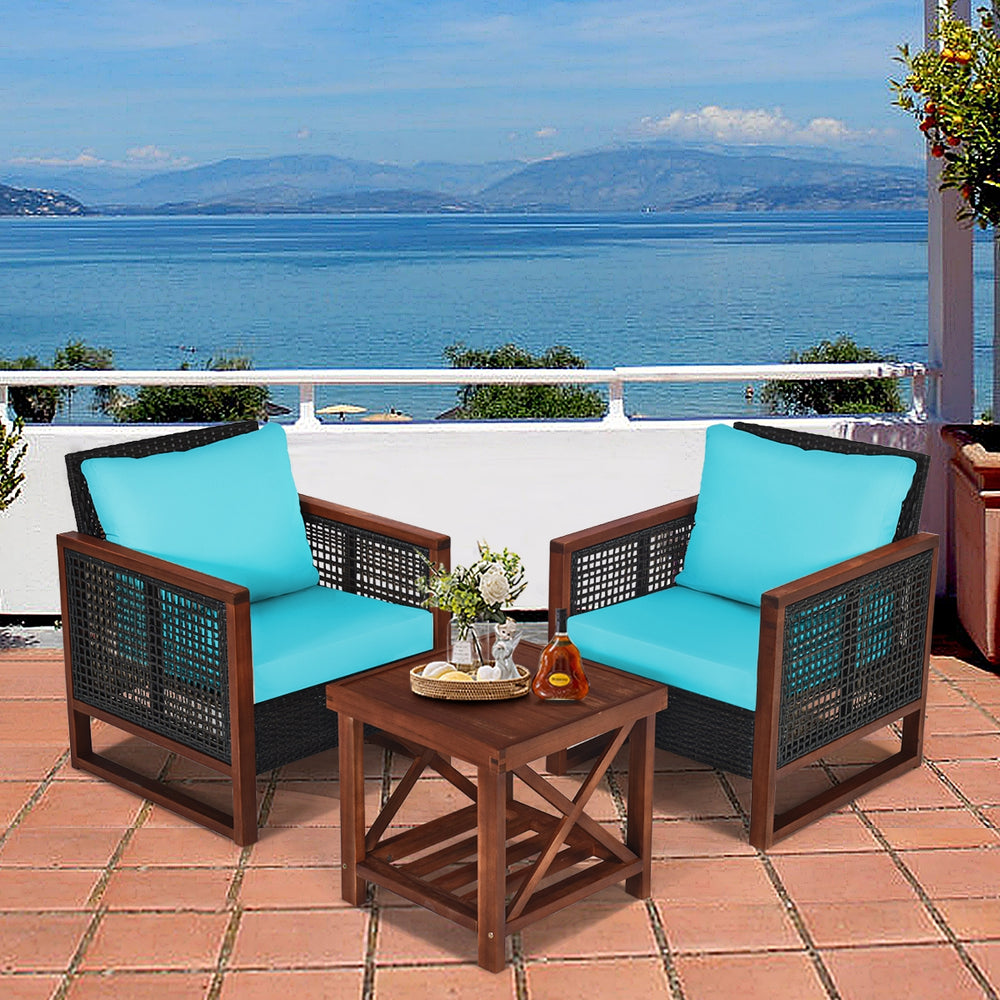 Please avoid rain exposure for longer serving time.<br>Package includes 2 sofas  1 table  2 seat cushions  2 back cushions and instruction<br>Made of all-weather rattan  sturdy and durable<br>Acacia wood frame and unique base provide powerful support<br>A