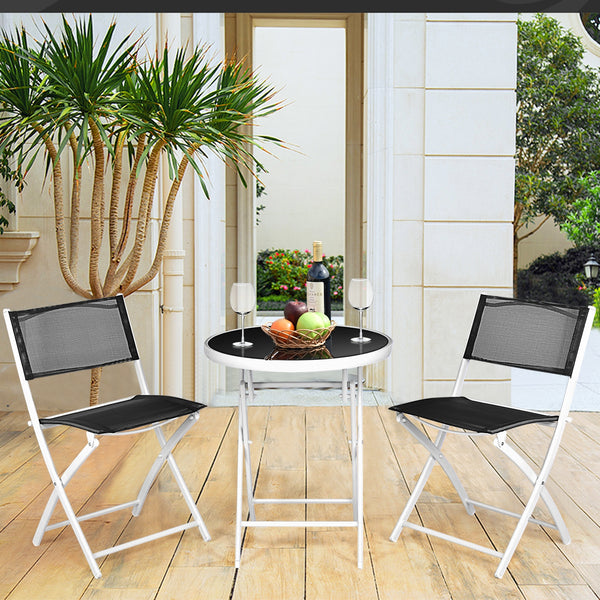 High quality and brand new<br>Including 2 chairs  and 1 coffee table with glass top<br>Durable textile fiber material<br>Sturdy steel frame<br>Folding frame make it convenient to store and move<br>The reinforced glass table top greatly increases the durab