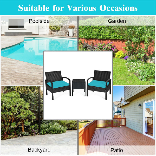 This rattan patio conversation set which will provide you a comfortable experience in your leisure time. Â  This set of outdoor furniture is made of high-quality rattan and strong steel  which is durable and has a long service life. The thick soft cushion