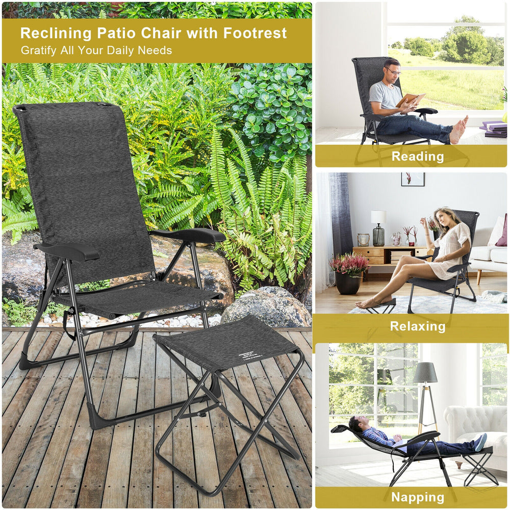 Made of solid steel and high-strength fabric  this patio chair set can load up to 300lbs for long term use. Â  Since its folding design  this patio chair set can be stored and carried without taking up much living space. Also  the 7-gear adjustable backre