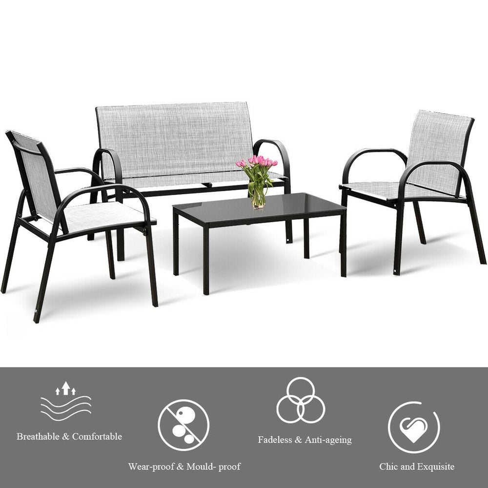 Including 1 loveseat  2 single sofas  and 1 tea table with a glass top<br>High quality and brand new<br>Modern and fashionable design<br>Solid steel frame  durable and sturdy<br>Tea table with a large tabletop<br>Perfect display<br>Wonderful for outdoor l