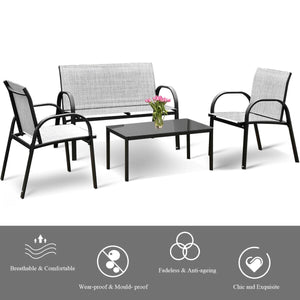 Including 1 loveseat  2 single sofas  and 1 tea table with a glass top<br>High quality and brand new<br>Modern and fashionable design<br>Solid steel frame  durable and sturdy<br>Tea table with a large tabletop<br>Perfect display<br>Wonderful for outdoor l