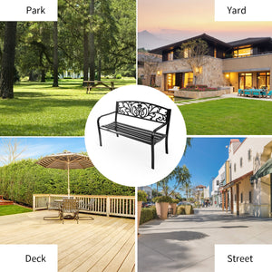 This bench can put in park  backyard  garden  deck  patio  etc.  providing you space to have a rest. Â  Made of steel  the bench has sturdy and durable construction. It features a mesh style on the backrest. The bench is simple yet elegant  can be a good 
