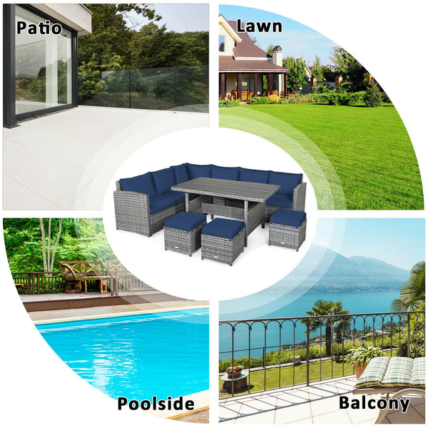 Packages include 3 loveseats  3 ottomans  1 table  6 seat cushions  7 back cushions  and instruction<br>Packages come in 4 boxes<br>Powder-coated steel structure provides strong durability and stability<br>All-weather and wear-resistant rattan ensures lon