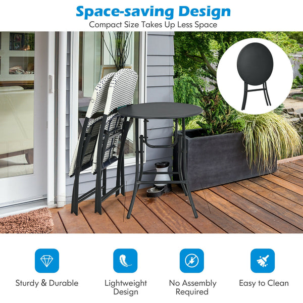 This 3-piece rattan dining chair and table set includes 1 folding dining table and 2 chairs  which will bring an elegant atmosphere to your patio or deck. Â  The heavy-duty steel frame provides a solid foundation for this delightful dining set. Besides  d