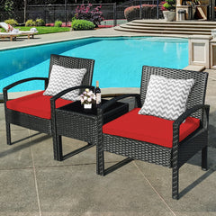 This rattan patio conversation set which will provide you a comfortable experience in your leisure time. Â  This set of outdoor furniture is made of high-quality rattan and strong steel  which is durable and has a long service life. The thick soft cushion
