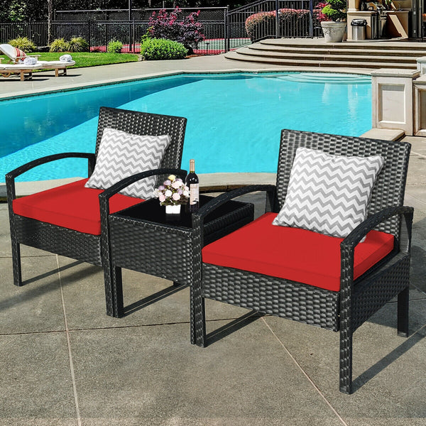 This rattan patio conversation set which will provide you a comfortable experience in your leisure time. Â  This set of outdoor furniture is made of high-quality rattan and strong steel  which is durable and has a long service life. The thick soft cushion