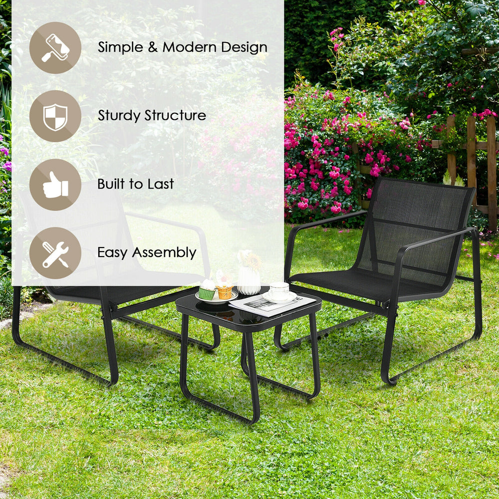 Brighten up your outdoor space with this 3-piece outdoor modern conversation set! Â  Made of anti-rust steel frame and fast-drying fabric  this patio bistro set can stay outside. Moreover  the widened seat  cozy backrest  ergonomic armrests and breathable