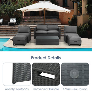 After working indoors for too long  people always want to go out for air and get close contact with nature. And our 6pcs patio furniture set provides a perfect outdoor relaxing place for you. Â  Our product features 1 loveseat  2 armless sofas  2 ottomans