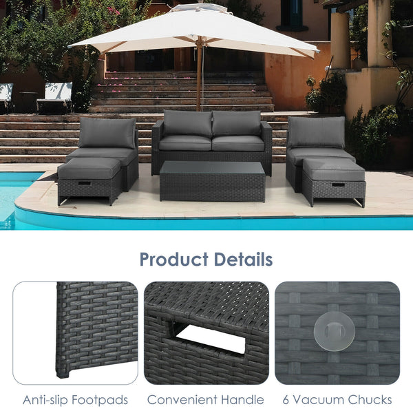 After working indoors for too long  people always want to go out for air and get close contact with nature. And our 6pcs patio furniture set provides a perfect outdoor relaxing place for you. Â  Our product features 1 loveseat  2 armless sofas  2 ottomans