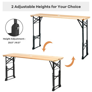 Premium wood ensures sturdy and durable structure<br>X-shape design increases the stability of table<br>2 adjustable heights for your different needs<br>Umbrella hole is designed for sun protection<br>Wood tabletop is spacious enough for holding food and 