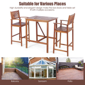 This patio bar set includes 1 bar table and 2 bar stools. Â  As a simple but elegant design with high durability and great comfort  our bar set will be your fabulous companion during outdoor leisure time. Made of high-quality acacia wood  the patio set po