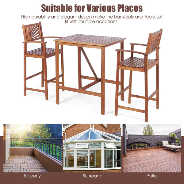This patio bar set includes 1 bar table and 2 bar stools. Â  As a simple but elegant design with high durability and great comfort  our bar set will be your fabulous companion during outdoor leisure time. Made of high-quality acacia wood  the patio set po
