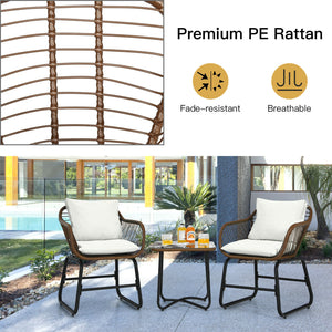 Including 2 x Armchair  1 x Square table  2 x Seat cushion  2 x Back cushion  1 x Instruction <br>Includes 2 armchairs  1 side table and 4 cushions <br>Weather-resistant PE rattan can be used for a long time <br>Armchair with solid construction can hold u