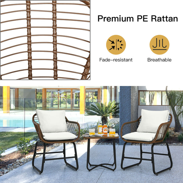 Including 2 x Armchair  1 x Square table  2 x Seat cushion  2 x Back cushion  1 x Instruction <br>Includes 2 armchairs  1 side table and 4 cushions <br>Weather-resistant PE rattan can be used for a long time <br>Armchair with solid construction can hold u