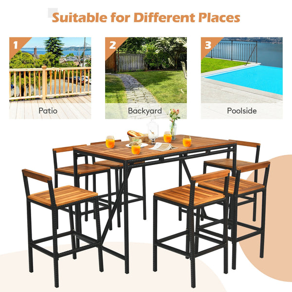This outdoor high-dining set with 6 comfortable bar stools will be the perfect area for inviting your friends and family to enjoy the delicious foods together. Â  On the center of the tabletop  there is a 1.9" umbrella hole for putting your patio umbrella