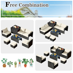 8-piece seat for more creative combinations<br>All weather PE rattan and rustproof steel frame for long time outdoor use<br>Sturdier and safer to use with high quality tempered glass tabletop<br>Soft and thick cushions for ultimate coziness<br>Hold the ot