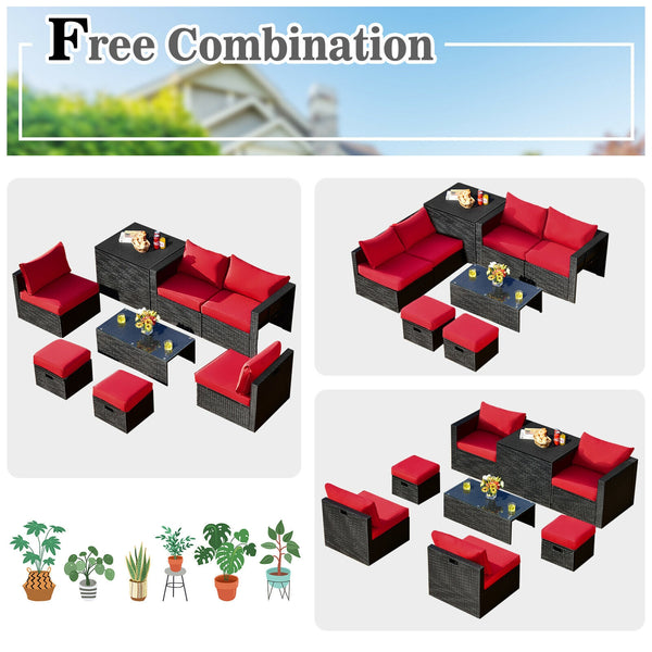 8-piece seat for more creative combinations<br>All weather PE rattan and rustproof steel frame for long time outdoor use<br>Sturdier and safer to use with high quality tempered glass tabletop<br>Soft and thick cushions for ultimate coziness<br>Hold the ot