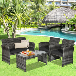 Rattan patio set includes one loveseat  two single chairs and one coffee table. <br>Made of high-quality rattan with strong built-in frame structure <br>Functional and beautiful design perfect for garden  backyard and balcony <br>Rattan coffee table with 