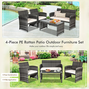 Rattan patio set includes one loveseat  two single chairs and one coffee table. <br>Made of high-quality rattan with strong built-in frame structure <br>Functional and beautiful design perfect for garden  backyard and balcony <br>Rattan coffee table with 