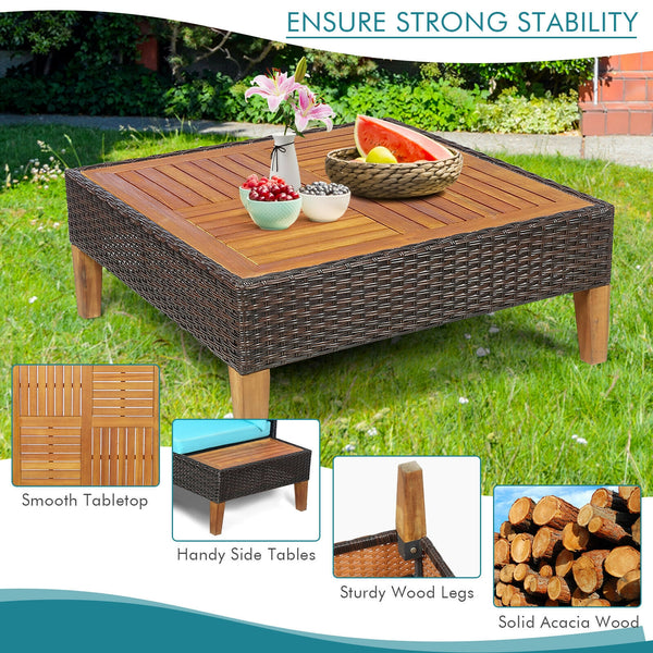 With comfy cushions  large seats  practical coffee table and 2 handy side tables  this outdoor conversation not only provides ultimate coziness for sitting  but also brings large space for accommodating different items. Â  What's more  the solid acacia wo