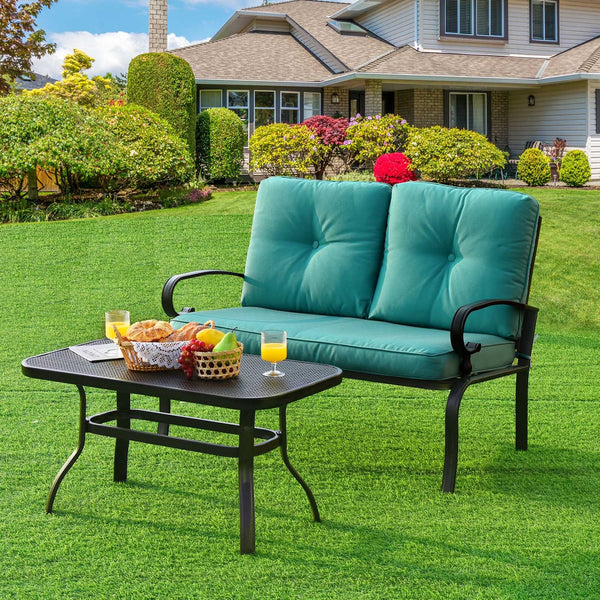 This premium outdoor patio conversation bench set will be a good choice for you. Â  This 2-Piece patio loveseat set includes 1 loveseat  1 coffee table  1 seat cushion and 2 back cushions  which is a great choice for your indoor and outdoor environment. Y