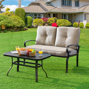 This premium outdoor patio conversation bench set will be a good choice for you. Â  This 2-Piece patio loveseat set includes 1 loveseat  1 coffee table  1 seat cushion and 2 back cushions  which is a great choice for your indoor and outdoor environment. Y