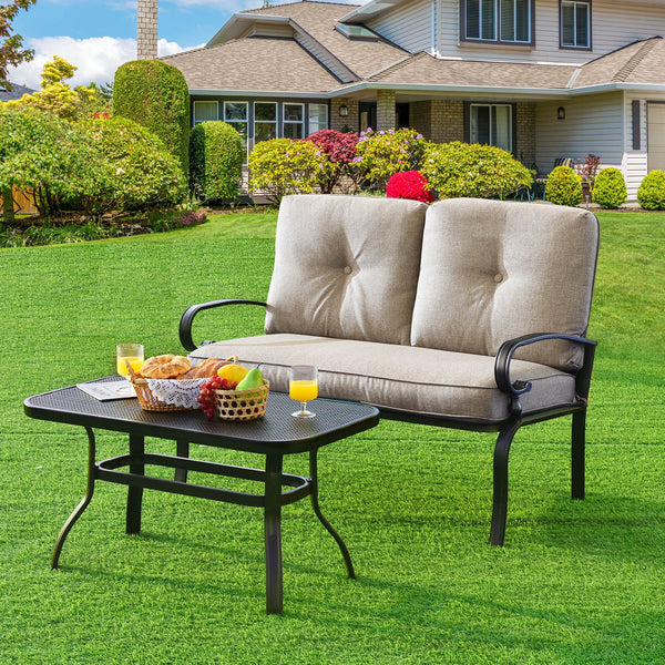 This premium outdoor patio conversation bench set will be a good choice for you. Â  This 2-Piece patio loveseat set includes 1 loveseat  1 coffee table  1 seat cushion and 2 back cushions  which is a great choice for your indoor and outdoor environment. Y