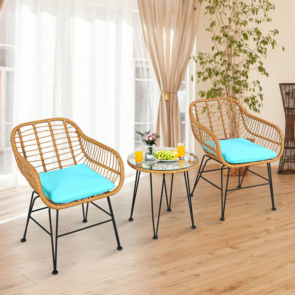 Premium wicker ensures high resistance to weather/sunlight/water<br>Heavy-duty steel frame with rust-resistant powder coated surface<br>High density sponge padded cushions provide great comfort<br>Tempered glass tabletop to place small decor  snacks and d