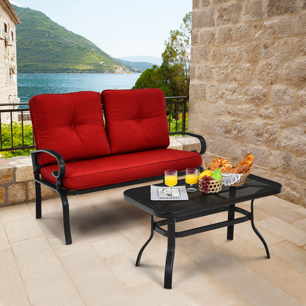 This premium outdoor patio conversation bench set will be a good choice for you. Â  This 2-Piece patio loveseat set includes 1 loveseat  1 coffee table  1 seat cushion and 2 back cushions  which is a great choice for your indoor and outdoor environment. Y