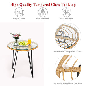 Premium wicker ensures high resistance to weather/sunlight/water<br>Heavy-duty steel frame with rust-resistant powder coated surface<br>High density sponge padded cushions provide great comfort<br>Tempered glass tabletop to place small decor  snacks and d