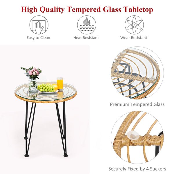 Premium wicker ensures high resistance to weather/sunlight/water<br>Heavy-duty steel frame with rust-resistant powder coated surface<br>High density sponge padded cushions provide great comfort<br>Tempered glass tabletop to place small decor  snacks and d