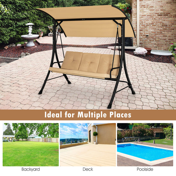 This outdoor porch swing with canopy can provide you with comfortable sitting feeling  letting you have a good leisure time and relieve stress. Â  The porch swing features heavy-duty steel frame  triangular base and solid springs hooks  bearing up to 800 