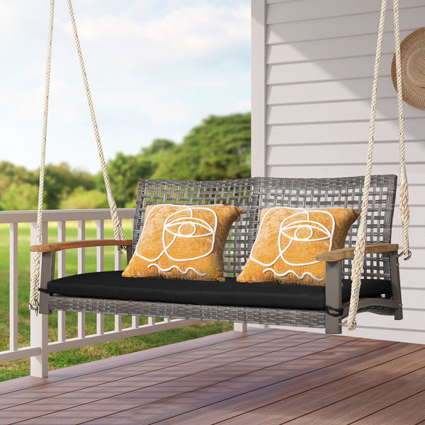 Spacious seat with 47" width allows 2 people to swing together<br>Curved seat  backrest and acacia wood armrests for more comfort<br>Heavy-duty steel frame ensures 800 lbs load capacity<br>Mix gray PE rattan is elegant and weather resistant<br>Include a c