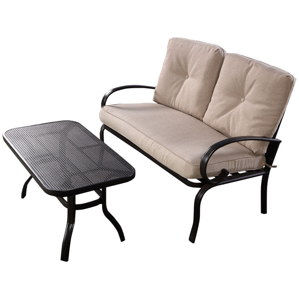 We present you this 2 pieces furniture set  comprising of a loveseat with cushions and a coffee table. Â  Seat yourself comfortably on the cotton cushion and have a great time! It's stable  durable and bears high load. It's an excellent pick wherever you'