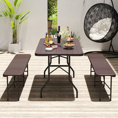 Features a weatherproof HDPE tabletop for extended outdoor use<br>Wood-like texture for more elegance<br>Honeycomb construction for added stability<br>Offers a spacious 6 x 2.5 ft tabletop for multiple food and drinks<br>Supported by robust and well-coate