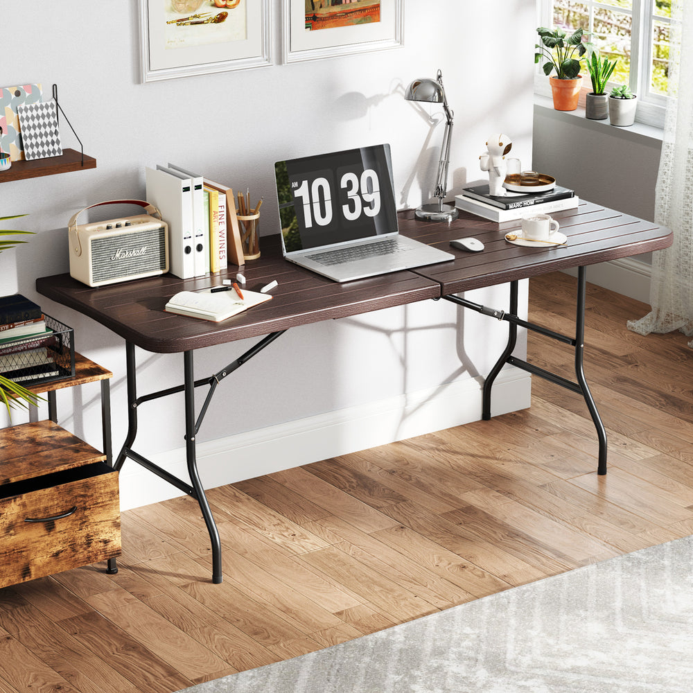 Features a weatherproof HDPE tabletop for extended outdoor use<br>Wood-like texture for more elegance<br>Honeycomb construction for added stability<br>Offers a spacious 6 x 2.5 ft tabletop for multiple food and drinks<br>Supported by robust and well-coate
