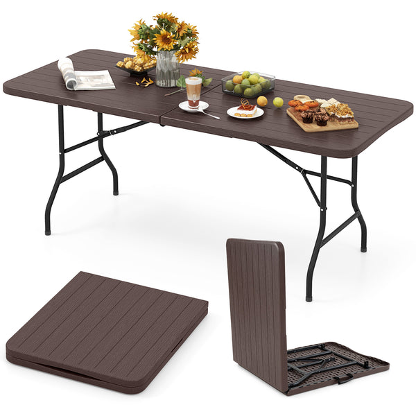 Features a weatherproof HDPE tabletop for extended outdoor use<br>Wood-like texture for more elegance<br>Honeycomb construction for added stability<br>Offers a spacious 6 x 2.5 ft tabletop for multiple food and drinks<br>Supported by robust and well-coate