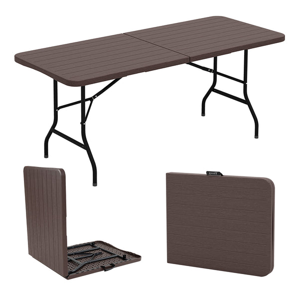 Features a weatherproof HDPE tabletop for extended outdoor use<br>Wood-like texture for more elegance<br>Honeycomb construction for added stability<br>Offers a spacious 6 x 2.5 ft tabletop for multiple food and drinks<br>Supported by robust and well-coate