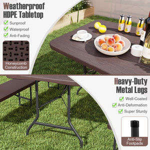 Features a weatherproof HDPE tabletop for extended outdoor use<br>Wood-like texture for more elegance<br>Honeycomb construction for added stability<br>Offers a spacious 6 x 2.5 ft tabletop for multiple food and drinks<br>Supported by robust and well-coate