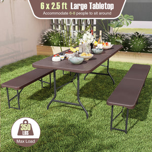 Features a weatherproof HDPE tabletop for extended outdoor use<br>Wood-like texture for more elegance<br>Honeycomb construction for added stability<br>Offers a spacious 6 x 2.5 ft tabletop for multiple food and drinks<br>Supported by robust and well-coate