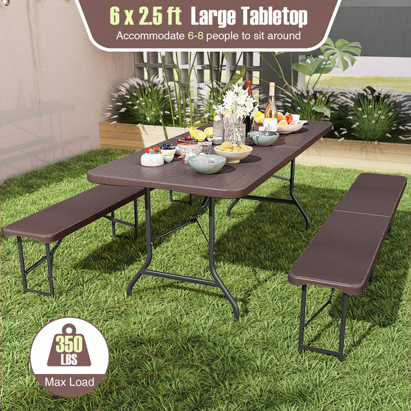 Features a weatherproof HDPE tabletop for extended outdoor use<br>Wood-like texture for more elegance<br>Honeycomb construction for added stability<br>Offers a spacious 6 x 2.5 ft tabletop for multiple food and drinks<br>Supported by robust and well-coate