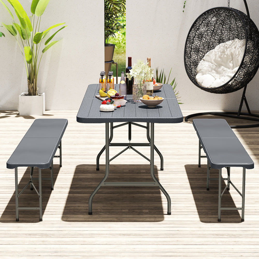 Features a weatherproof HDPE tabletop for extended outdoor use<br>Wood-like texture for more elegance<br>Honeycomb construction for added stability<br>Offers a spacious 6 x 2.5 ft tabletop for multiple food and drinks<br>Supported by robust and well-coate
