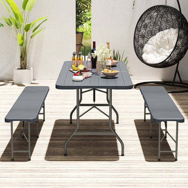 Features a weatherproof HDPE tabletop for extended outdoor use<br>Wood-like texture for more elegance<br>Honeycomb construction for added stability<br>Offers a spacious 6 x 2.5 ft tabletop for multiple food and drinks<br>Supported by robust and well-coate