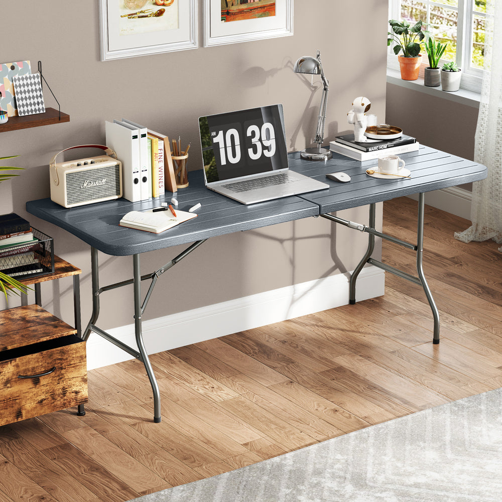 Features a weatherproof HDPE tabletop for extended outdoor use<br>Wood-like texture for more elegance<br>Honeycomb construction for added stability<br>Offers a spacious 6 x 2.5 ft tabletop for multiple food and drinks<br>Supported by robust and well-coate